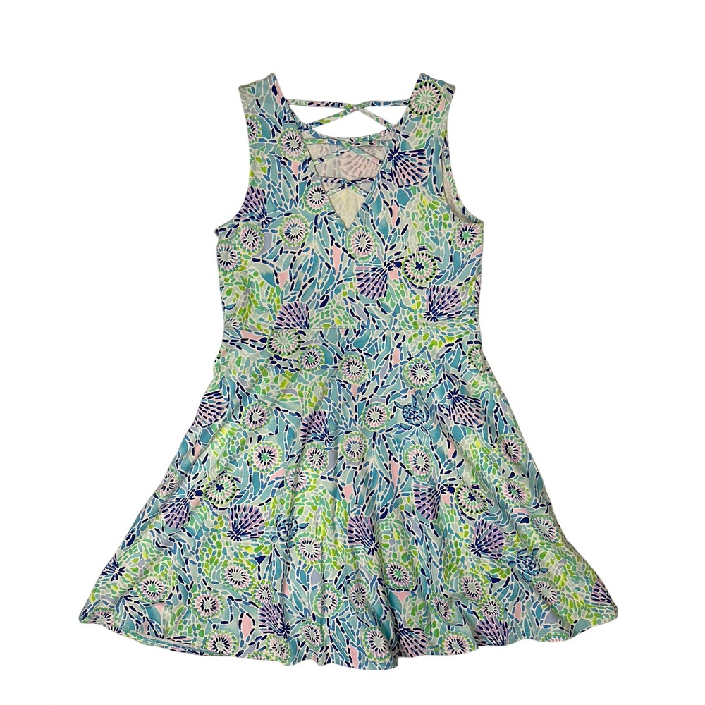 Lilly Pulitzer Blue Green Sea Mosaic Strappy Back Fit Flare Dress Girls 16